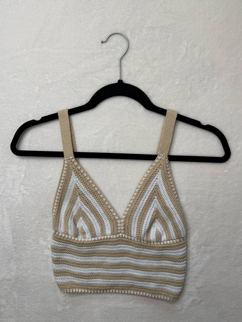 Willow & Wind - Striped Crochet Bralette Crop Top in Beige and White